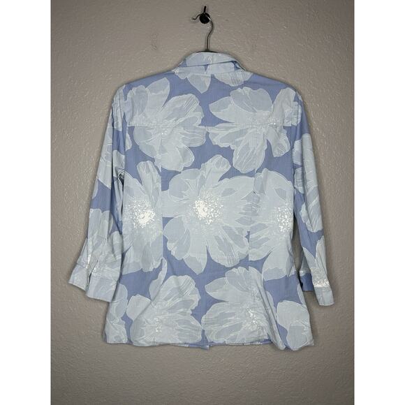 CAROLINA HERRERA Floral Print Three-Quarter Sleeve Blue Button Up Size 10 - Picture 2 of 9